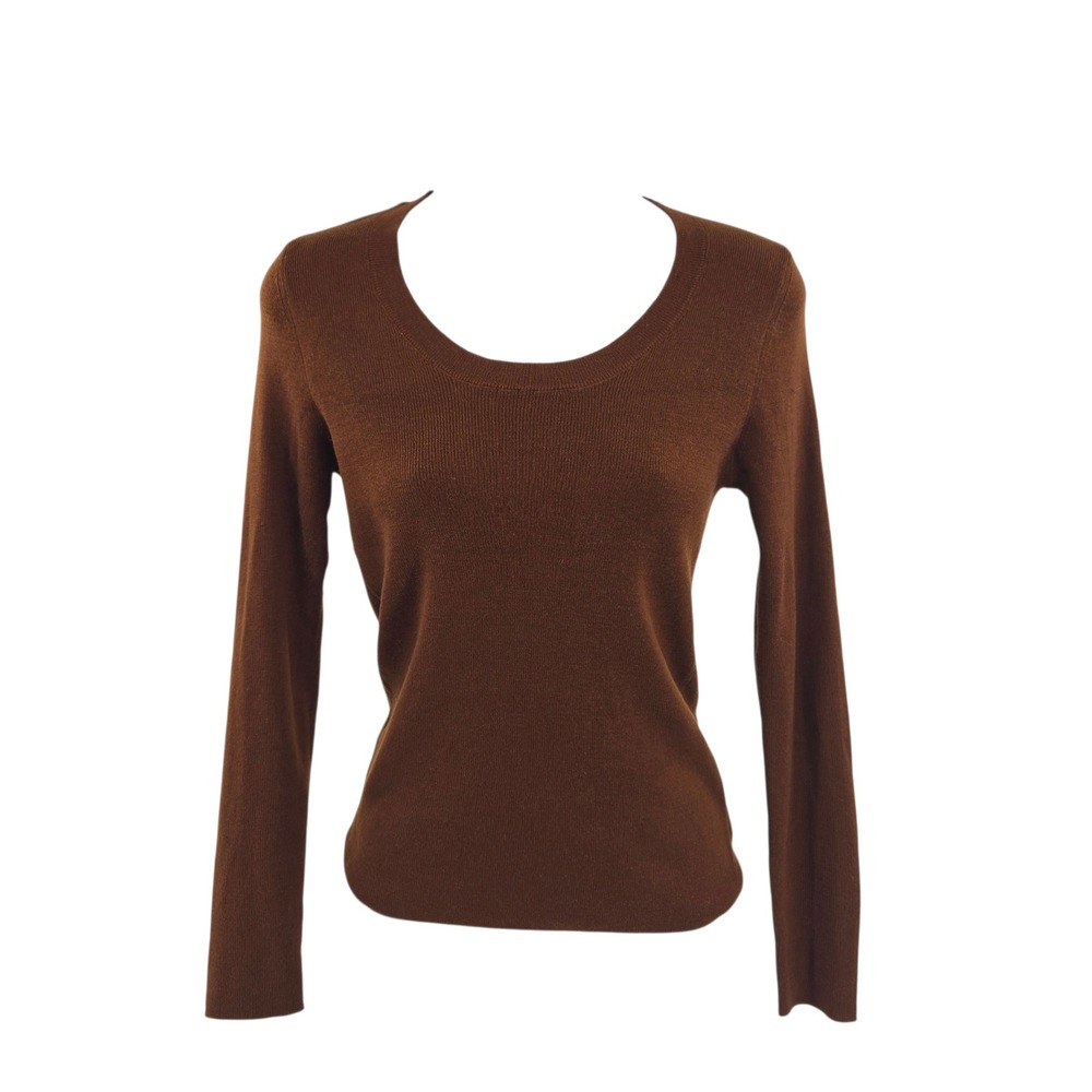 Wool Scoop Neck Sweater Womens S Brown‎ Long Sleeve Ribbed Knit Top Casual Chic